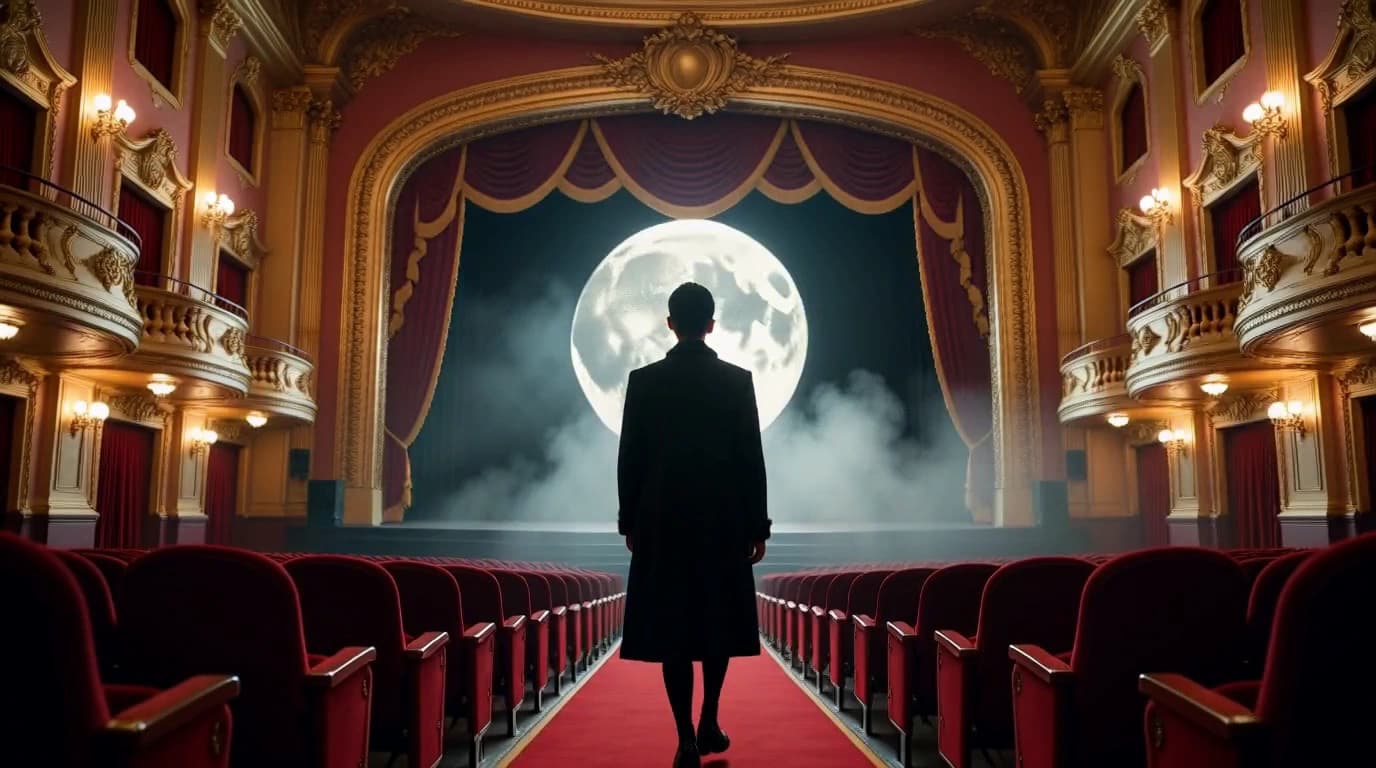 Fictional adult performer entering a theater illustrating a text-to-image composition